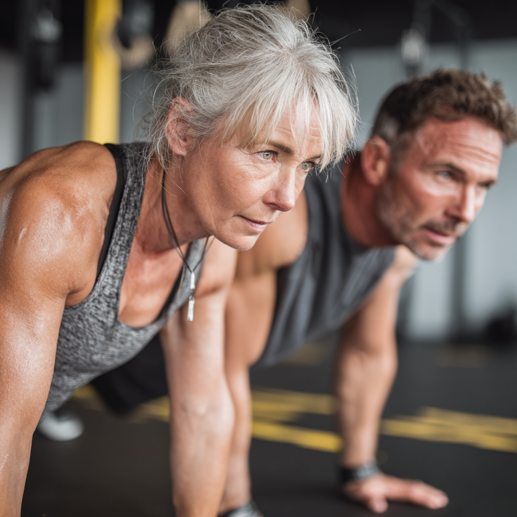 experienced adults doing functional fitness exercises with professional guidance