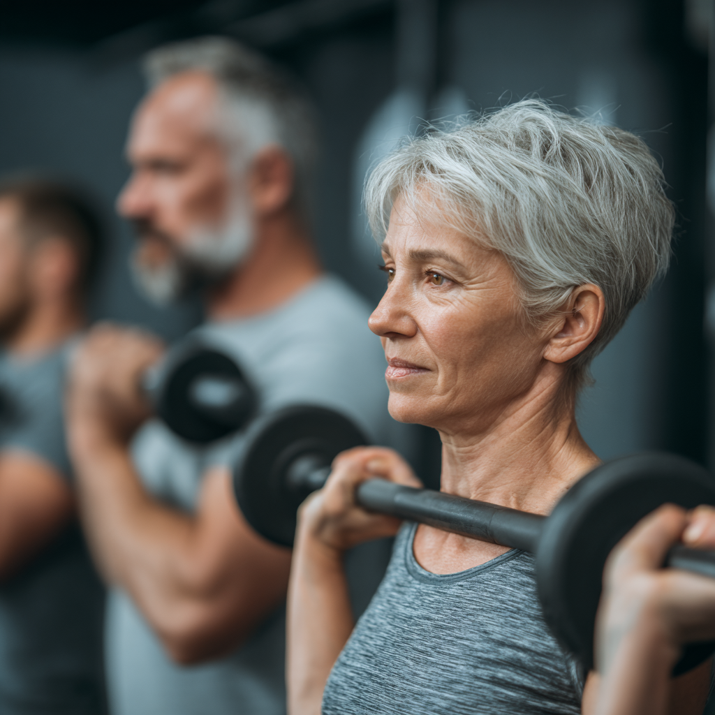 mature adults engaged in energetic strength training workout